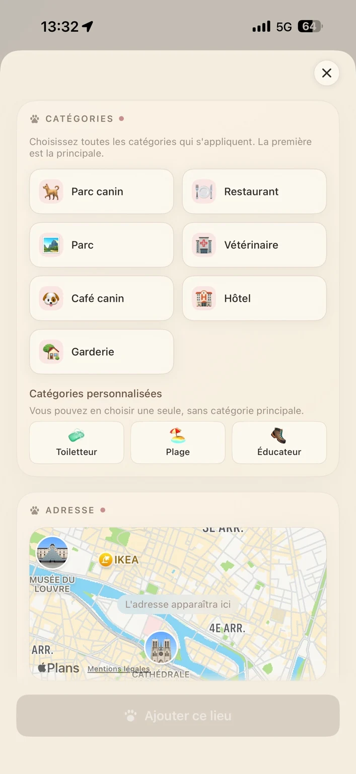 Catégories et adresse du nouveau lieu